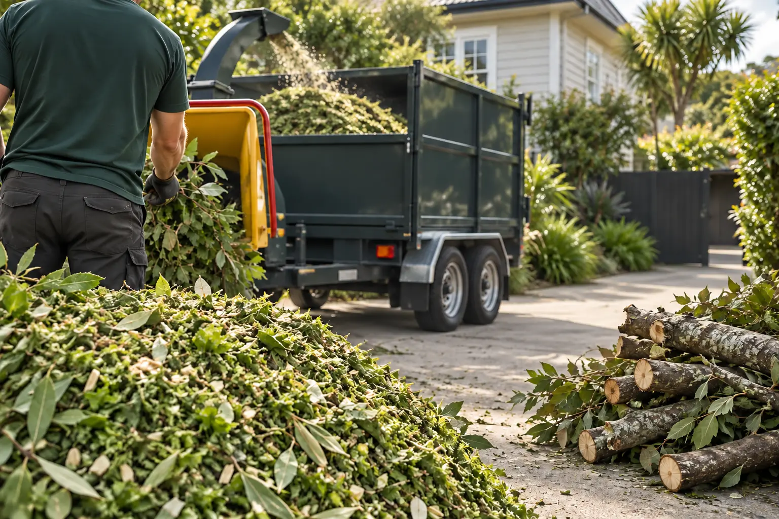 Arborist clearing timber and green waste from a property
