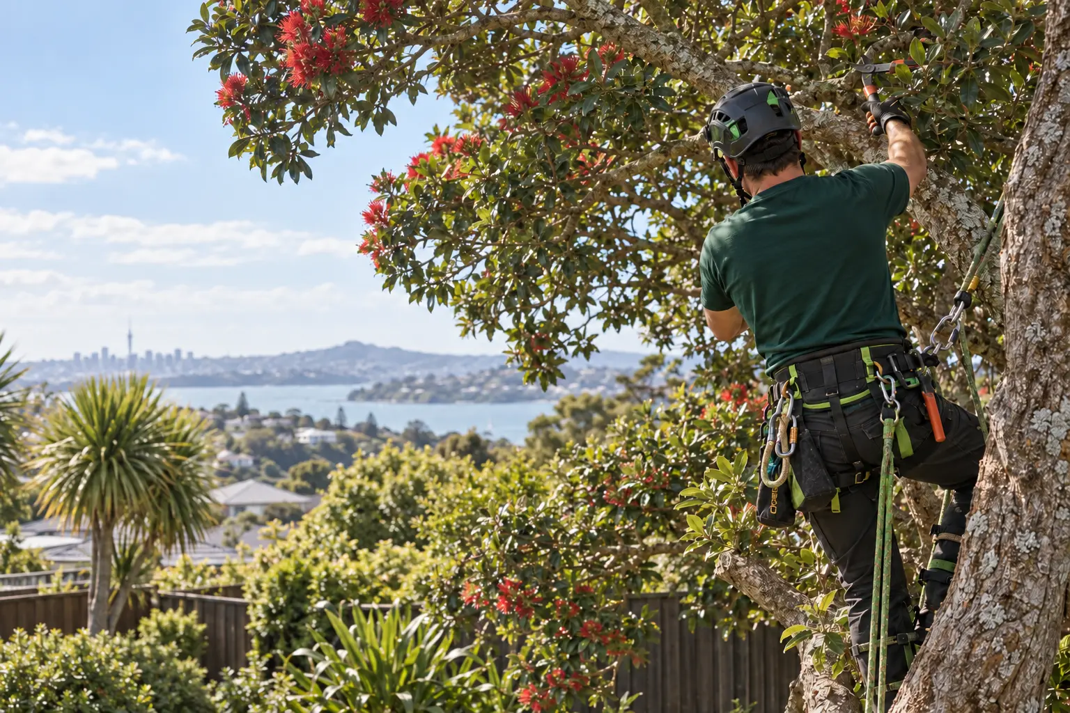 Arborist working carefully among tree branches