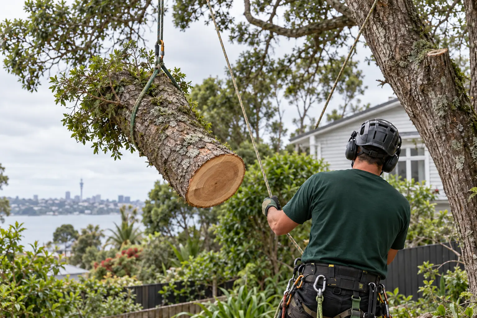 Arborist rigging a controlled tree removal