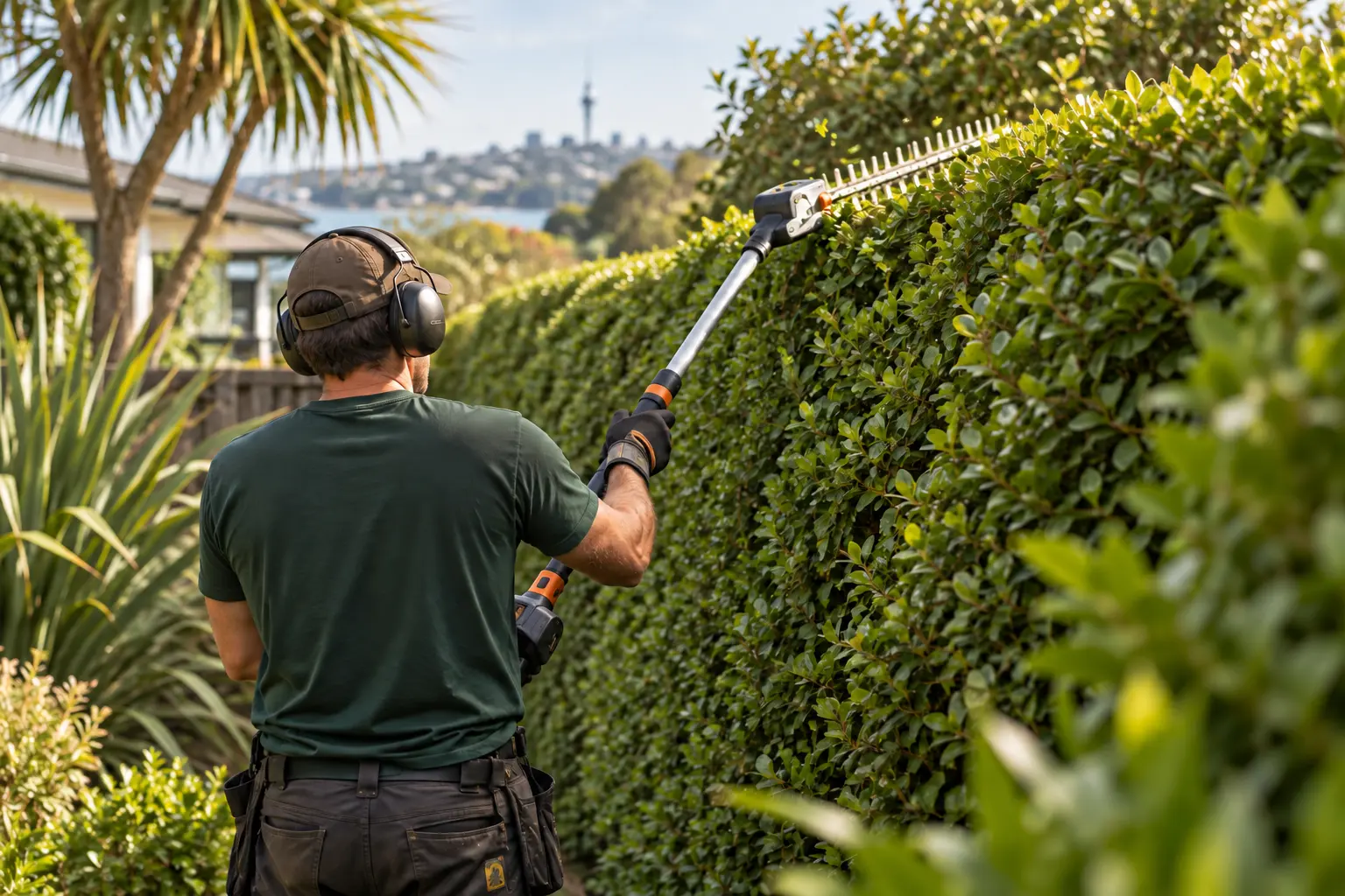 Arborist trimming a tall hedge