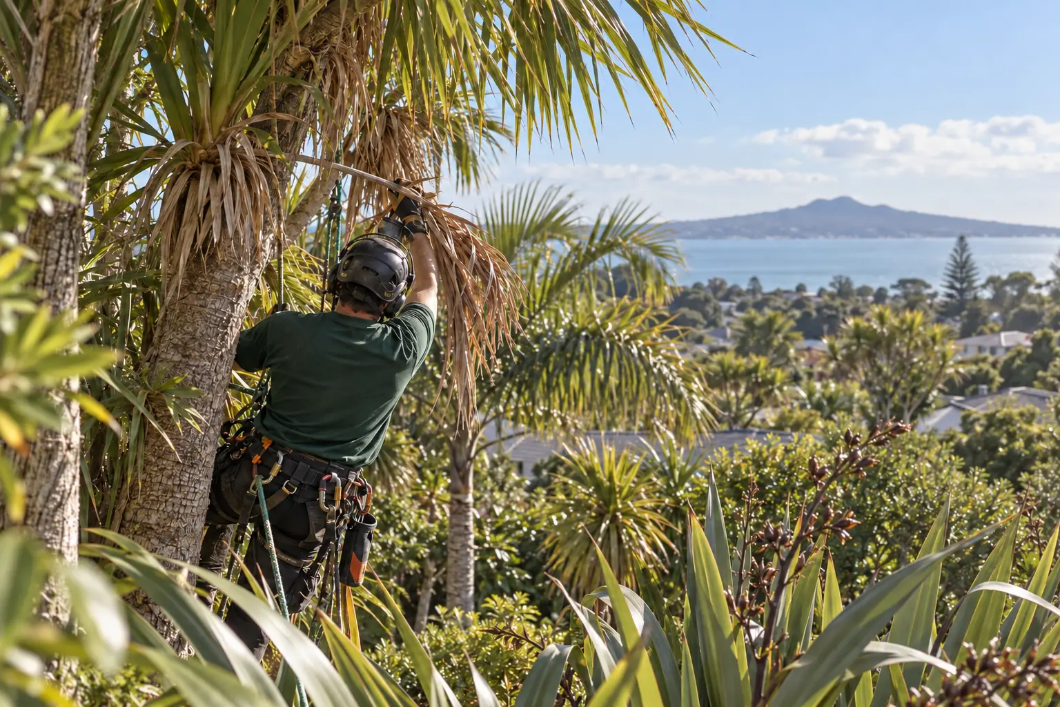 Arborist carrying out palm maintenance